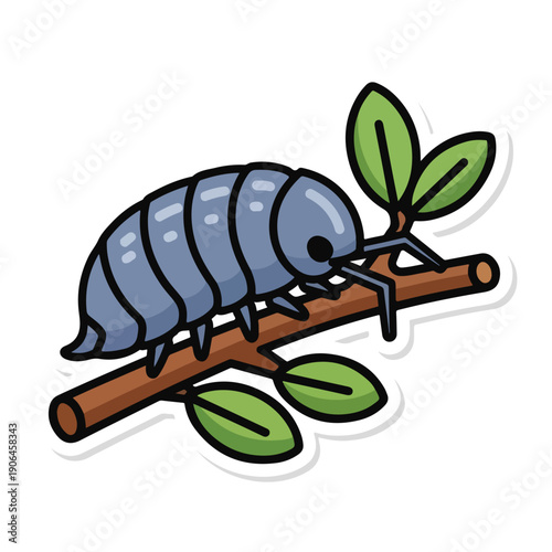 A caterpillar on a branch with leaves eats