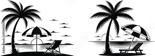 Beach scenes with palm trees lounge chairs and umbrellas on a white background