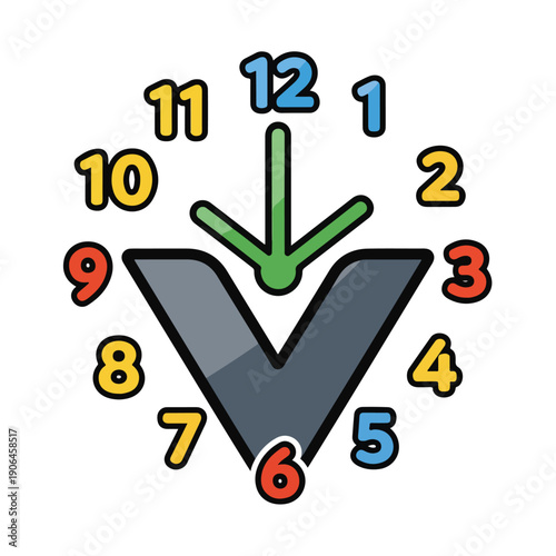 A clock face with a gray V-shaped center