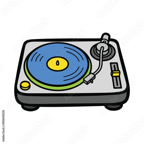 A cartoon-style illustration of a turntable with a blue platter