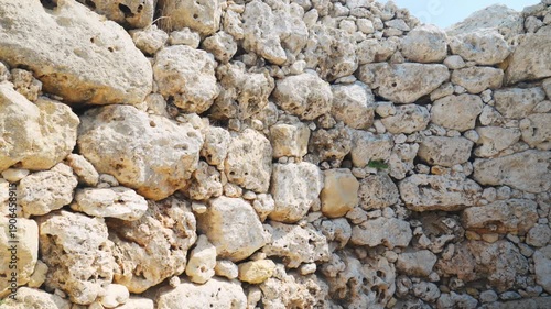 Close-up detail of ancient limestone stones at Ġgantija Temples, Gozo, Malta, showing prehistoric megalithic texture.