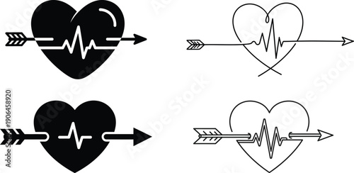 Heart with arrow and ecg line vector icons in black and white for love health and medical concepts
