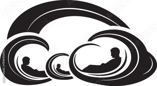 Silhouette of people in swirling waves of water design