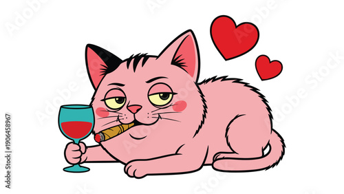 Whimsical pink cat with a cigar and wine, surrounded by hearts, suggests a playful, indulgent mood.