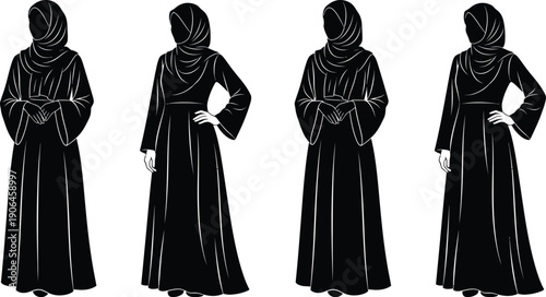 Four women in black abayas and headscarves in different poses on white background
