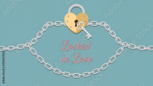 Gold heart lock on silver chain with locked in love text on teal background
