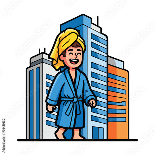 A cartoon woman in a blue robe and towel on her head
