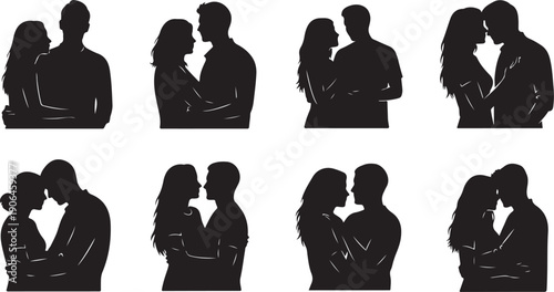 Silhouettes of romantic couples in love on white background