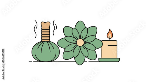 Flower icon with herbal medicine ball and candle on transparent background