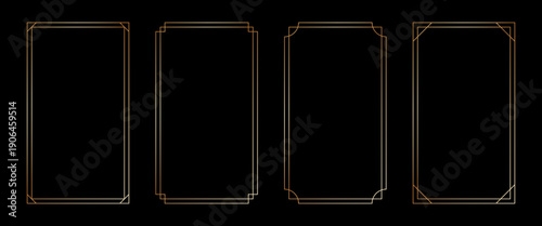 Thin golden rectangle frame set in art deco style. Luxury modern line rectangle gold borders. Brass glowing shiny boarder element pack for photocard. Vector illustration isolated on black background.