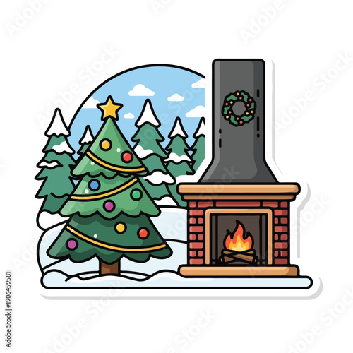 A Christmas tree beside a lit fireplace