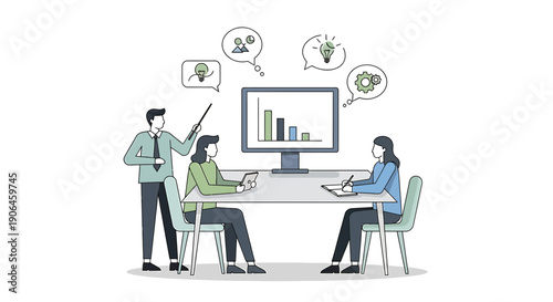 Business team discussing data on computer screen with graphs and ideas