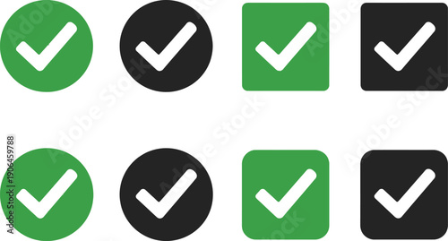 Eight checkmark icons in green and black on white background for approval and confirmation