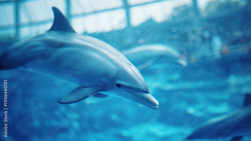 Obraz premium Blurred background of dolphinarium used for aquatic themed design.