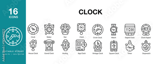 Clock icon set. Includes clock, time, timer, alarm, watch, schedule, deadline and More. Editable Stroke Icon Collection.