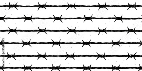 A sharp black metal barbed wire vector silhouette creates a steel boundary fence isolated on white to represent prison security, danger, and a border barrier