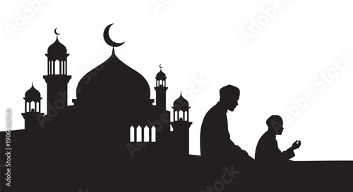 Silhouetted figures praying in front of mosque during Ramadan with crescent moon