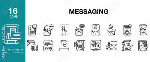 Messaging icon set. Includes chat, message, communication, sms, inbox and More. Editable Stroke Icon Collection.