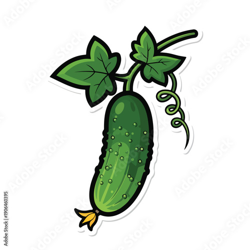 A cartoon cucumber with green leaves and stem