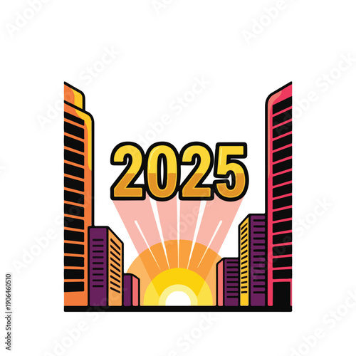 A futuristic cityscape at sunrise in 2025 with skyscrapers