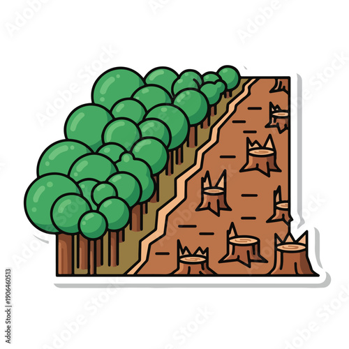 A forest with trees on one side and stumps on the other