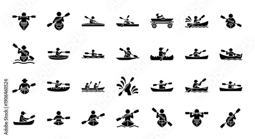 Collection of Kayaking Icons and Silhouettes.