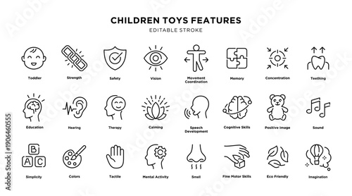 Children toys features icon set with editable stroke