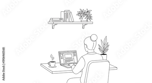 Woman working on laptop at desk with plants and books nearby in modern home office
