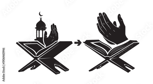 Islamic prayer transition from Quran to hands in simple flat design