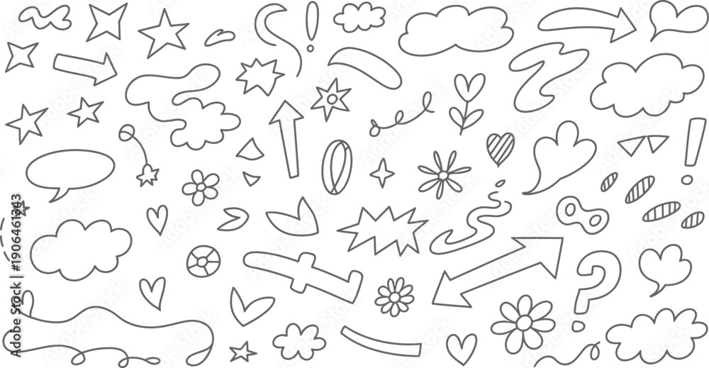 Obraz premium Doodle icons set with arrows hearts stars and speech bubbles on white background for creative design
