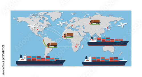Global shipping and logistics with cargo ships planes and containers on a world map background