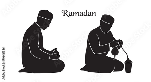 Muslim man praying and breaking fast during Ramadan with copy space