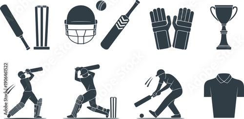 Cricket icons set with bats helmets gloves trophies and players in action poses