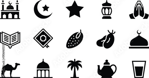 Ramadan kareem icons set including mosque crescent moon star lantern prayer book dates and tea