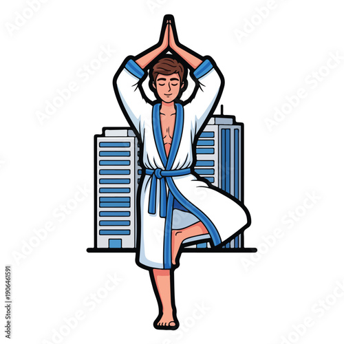 A man in white robe doing yoga pose