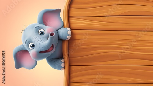 Cute Baby Elephant Peeking from Wooden blank Sign | Fun Kids background with Copy Space
