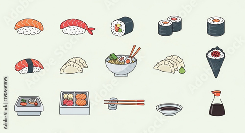 Collection of Japanese Sushi and Rolls Illustration.