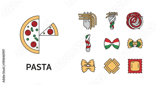 Collection of Italian Food Icons Featuring Pizza and Pasta Shapes.