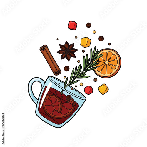 A mug of mulled wine with spices and herbs