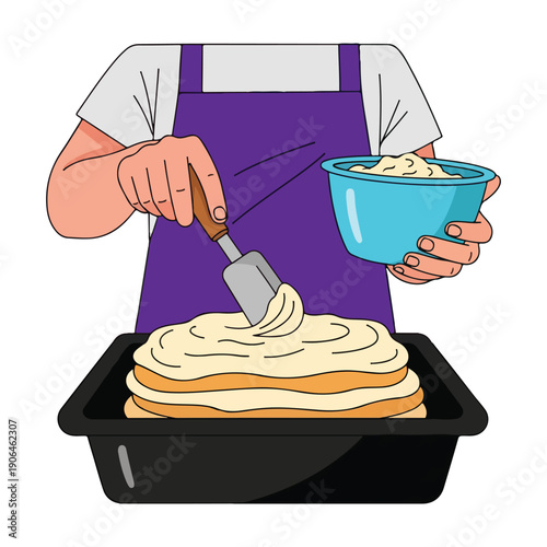 A person in a purple apron spreading cream on a cake