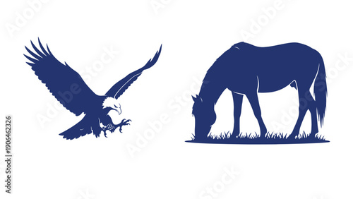 A blue silhouette of a horse and an eagle on a white background