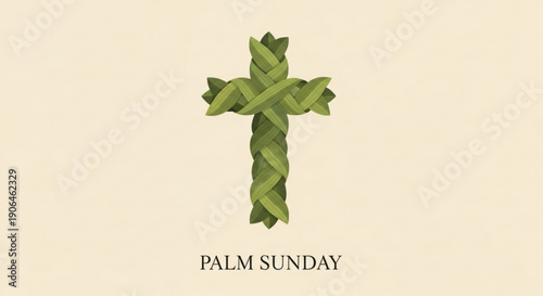 Palm sunday cross made of woven green palm leaves on beige background