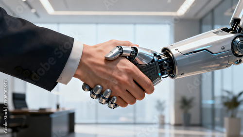 Business handshake between human and robotic arm in modern office setting showcasing technology collaboration from close-up viewpoint