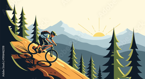 Mountain biker riding down steep trail at sunrise