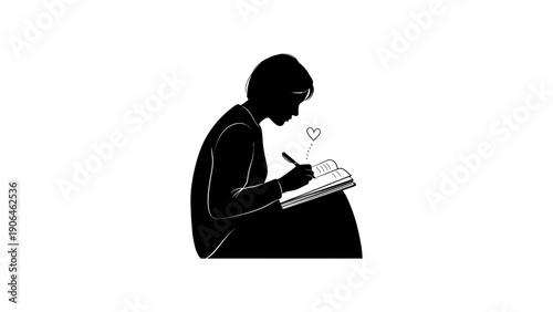 A couple rides a tandem bicycle while a person writes in a notebook with a heart above their head