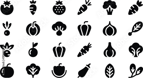 Black icons of various fruits and vegetables on white background for design