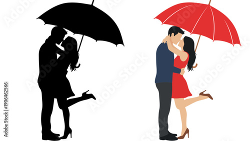 A romantic couple kissing under colorful umbrellas in a loving embrace