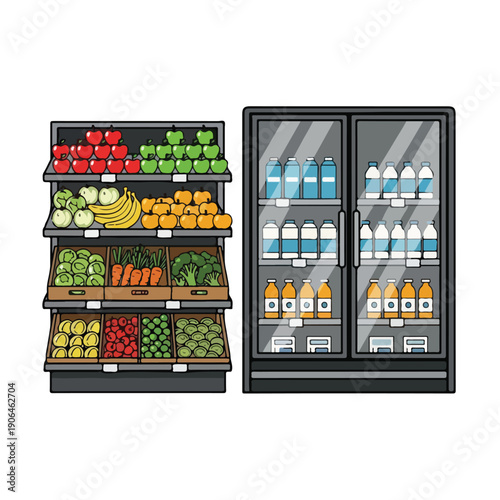 A colorful cartoon image of a grocery store's produce and refrigerated sections