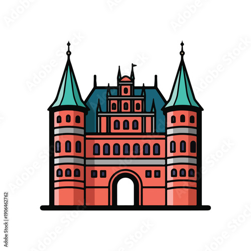 A cartoon-style illustration of a red castle