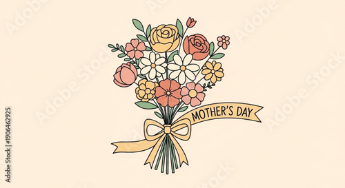 Colorful bouquet flowers with ribbon and mother's day banner on cream background for holiday greeting
